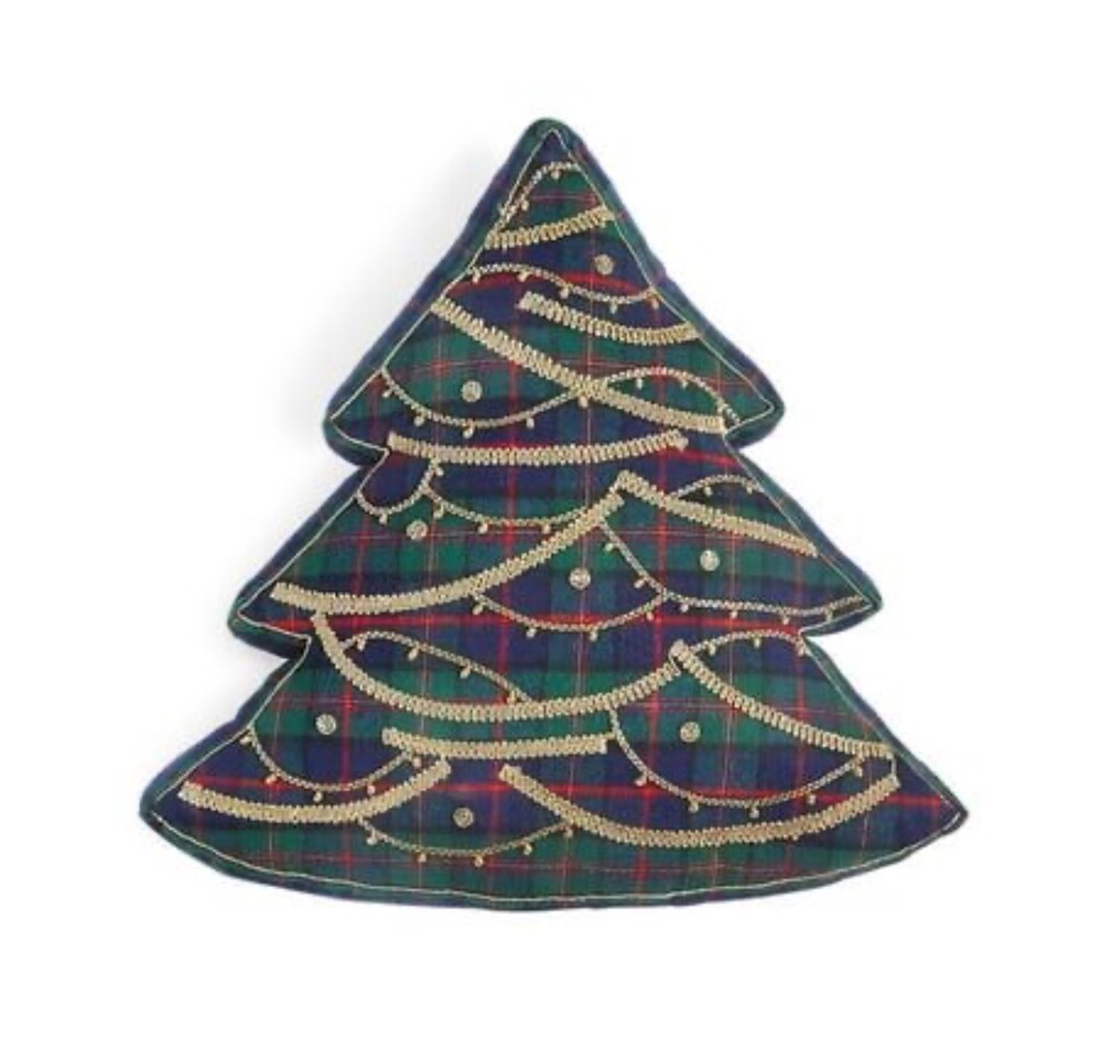 Martha Stewart Collection Christmas Tree Pillow 16x16 Green Navy Plaid Cotton Po - Picture 1 of 7